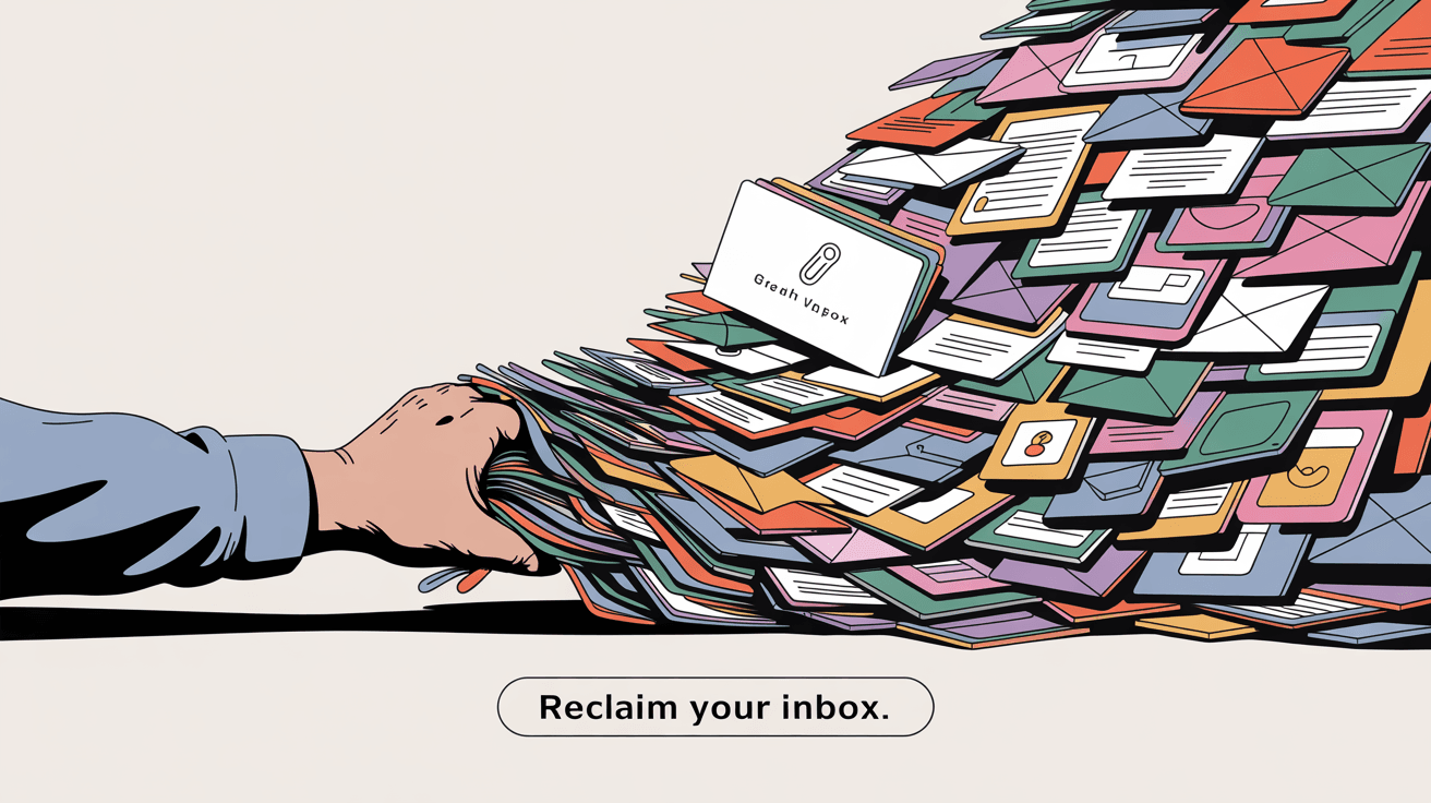 Overwhelming avalanche of promotional emails cascading toward a person's hand reaching for their laptop, representing the Gmail promotions tab problem